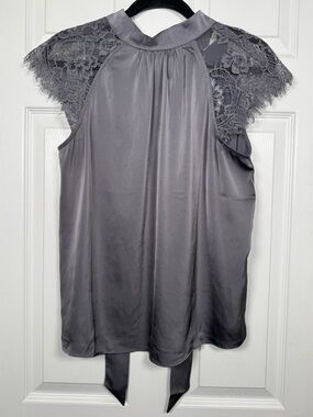 Joie Lace Blouse Gray Tie Neck Sleeveless Top Size M
